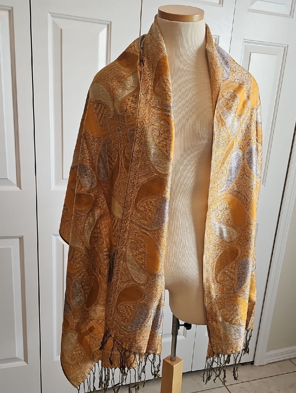 Golden And Silver Paisley Shawl-Style‎ Coatigan. 27" X 70".